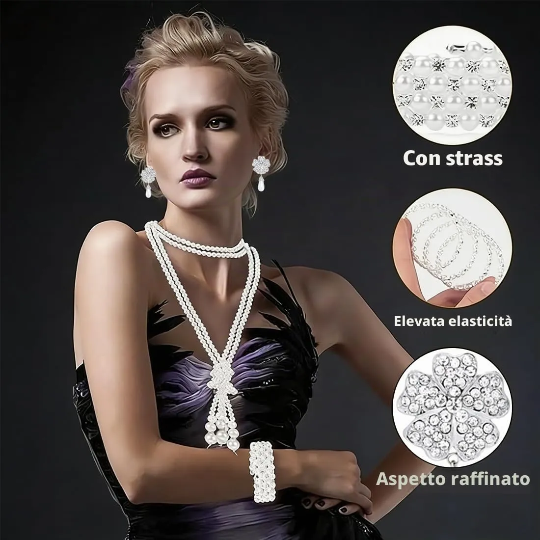 OIXYEY Set di Gioielli con Perle Anni '20, Collana, Braccialetto Multistrato e Orecchini a Fiore (Argento B) - immagine 3