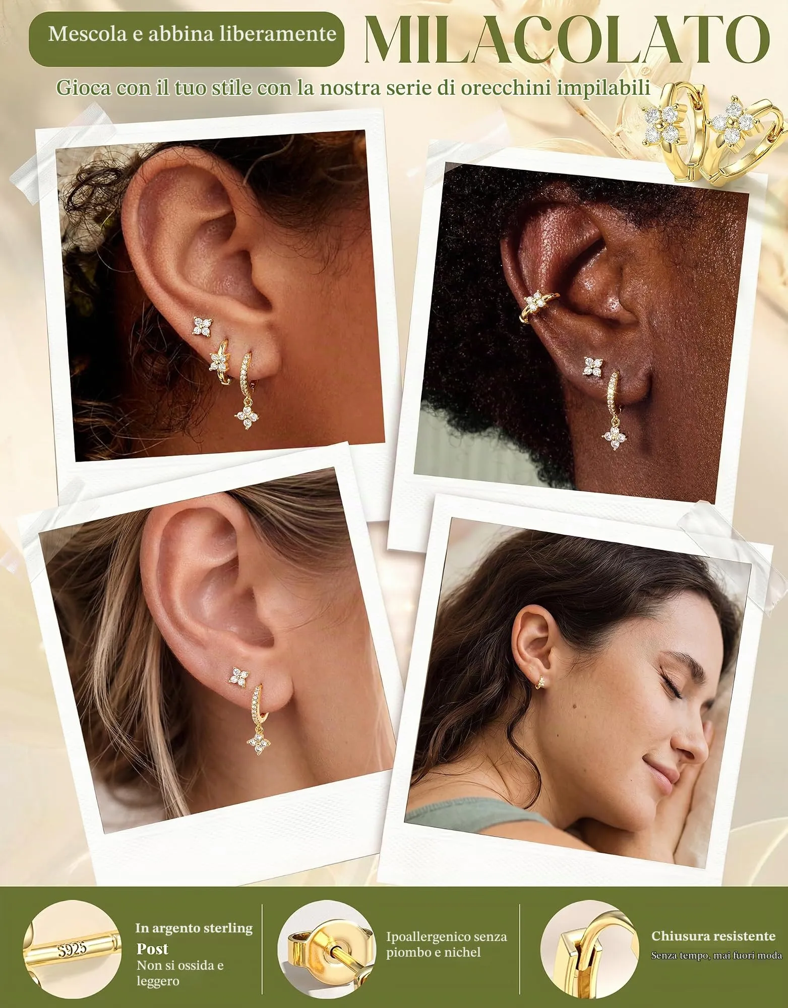 Milacolato Set 3 Paia Orecchini Donna in Argento 925 Placcato Oro 14K, Cerchi e Bottone Anallergici per Piercing Cartilagine e Lobo - immagine 2