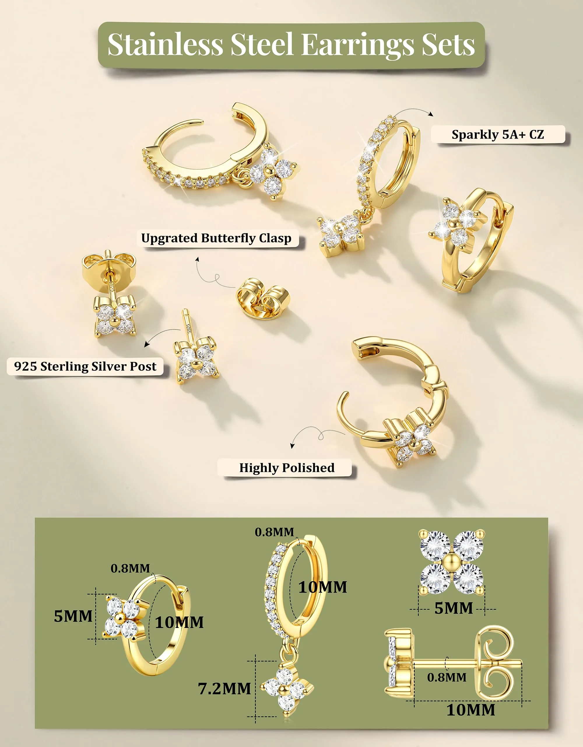 Milacolato Set 3 Paia Orecchini Donna in Argento 925 Placcato Oro 14K, Cerchi e Bottone Anallergici per Piercing Cartilagine e Lobo - immagine 3