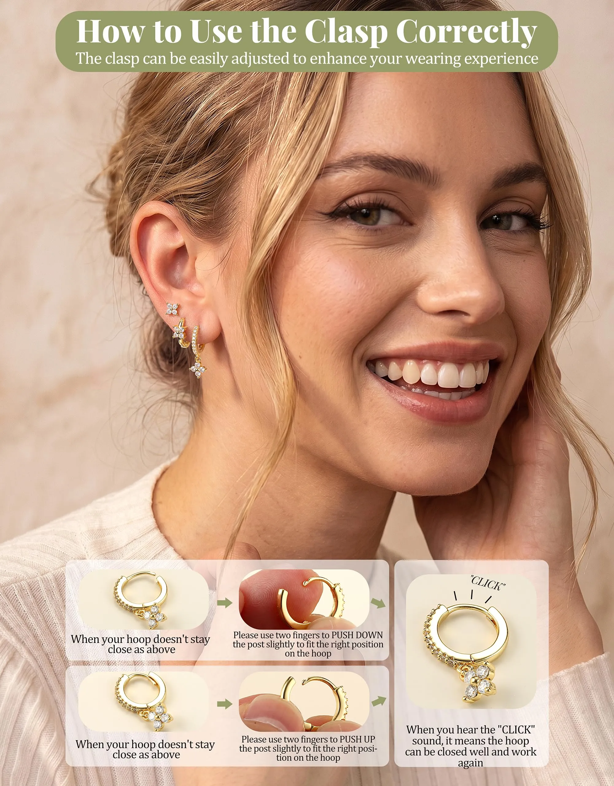 Milacolato Set 3 Paia Orecchini Donna in Argento 925 Placcato Oro 14K, Cerchi e Bottone Anallergici per Piercing Cartilagine e Lobo - immagine 4