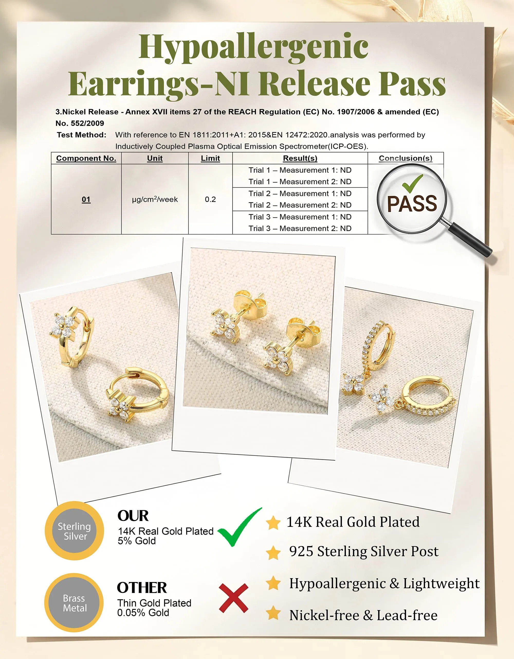 Milacolato Set 3 Paia Orecchini Donna in Argento 925 Placcato Oro 14K, Cerchi e Bottone Anallergici per Piercing Cartilagine e Lobo - immagine 6