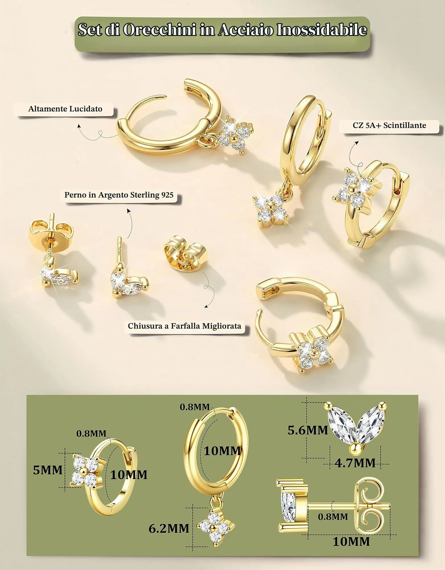 Milacolato Set 3 Paia Orecchini Donna Argento 925 Placcato Oro 14K, Cerchi e Bottone Anallergici 10 mm - immagine 3