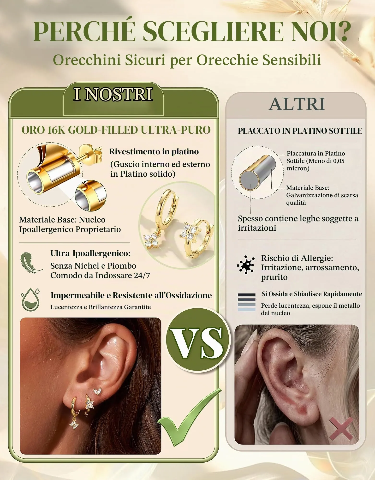 Milacolato Set 3 Paia Orecchini Donna Argento 925 Placcato Oro 14K, Cerchi e Bottone Anallergici 10 mm - immagine 5