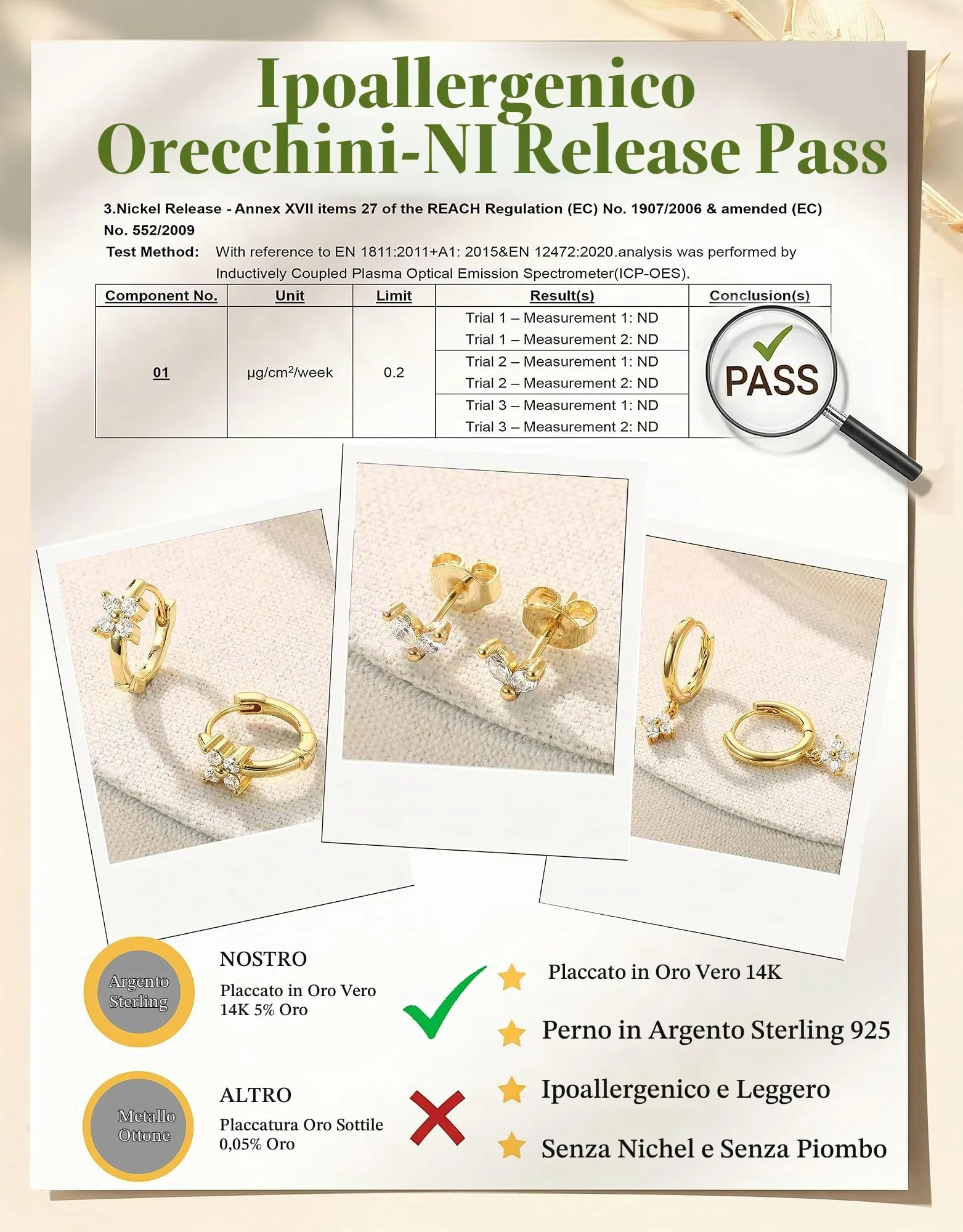 Milacolato Set 3 Paia Orecchini Donna Argento 925 Placcato Oro 14K, Cerchi e Bottone Anallergici 10 mm - immagine 6