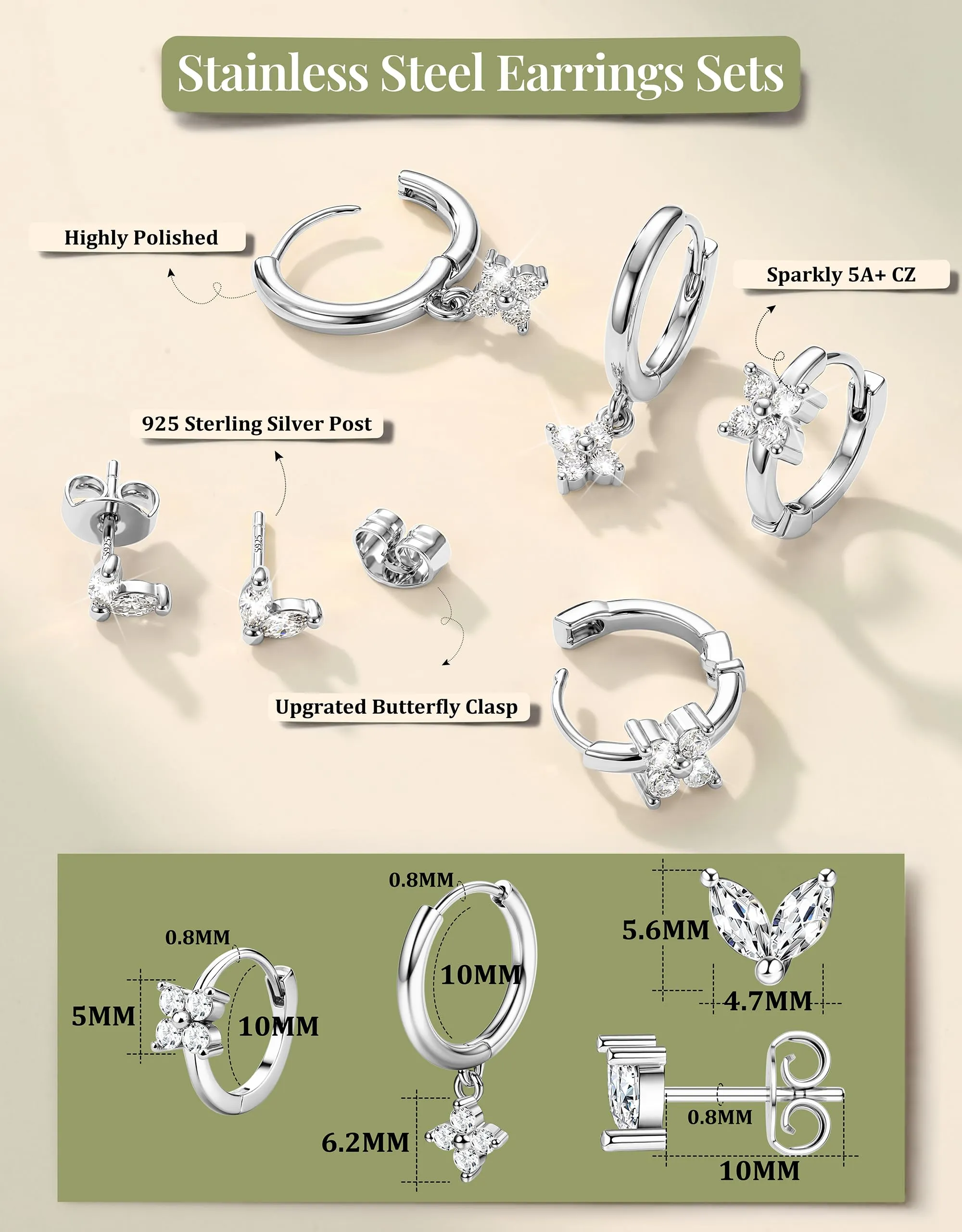 Milacolato Set 3 Paia Orecchini Donna in Argento 925, Cerchi e Bottone Anallergici Placcato Oro 14K per Cartilagine e Piercing Multipli - immagine 3