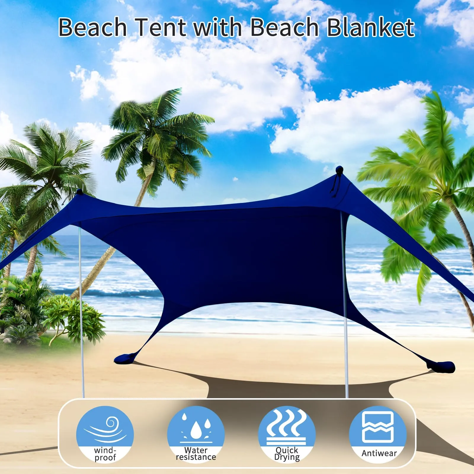 CUUPO Tenda da spiaggia pop-up in lycra, 2,1 x 2,1 m, SPF 50, blu marino - immagine 2