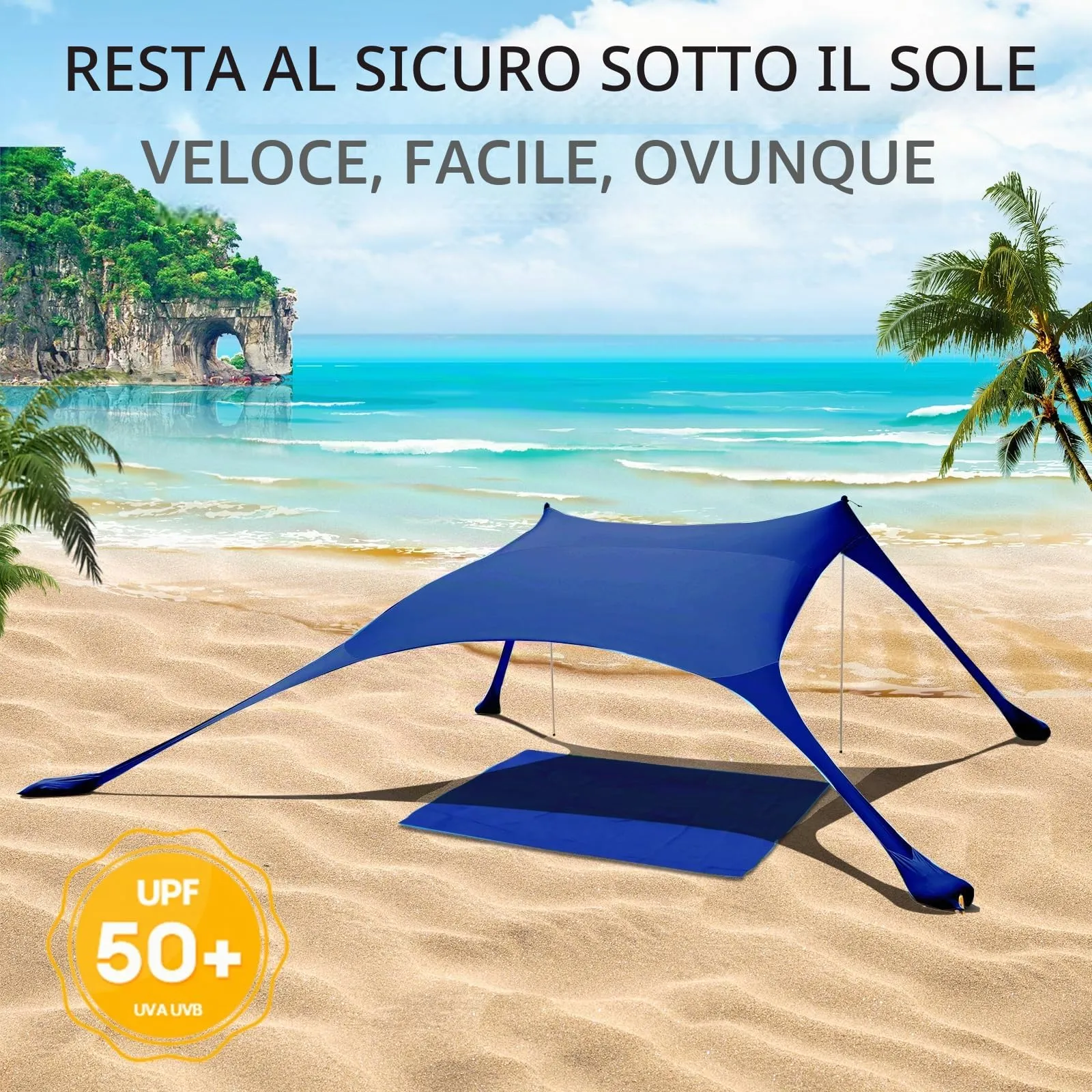 CUUPO Tenda da spiaggia pop-up in lycra, 2,1 x 2,1 m, SPF 50, blu marino - immagine 3