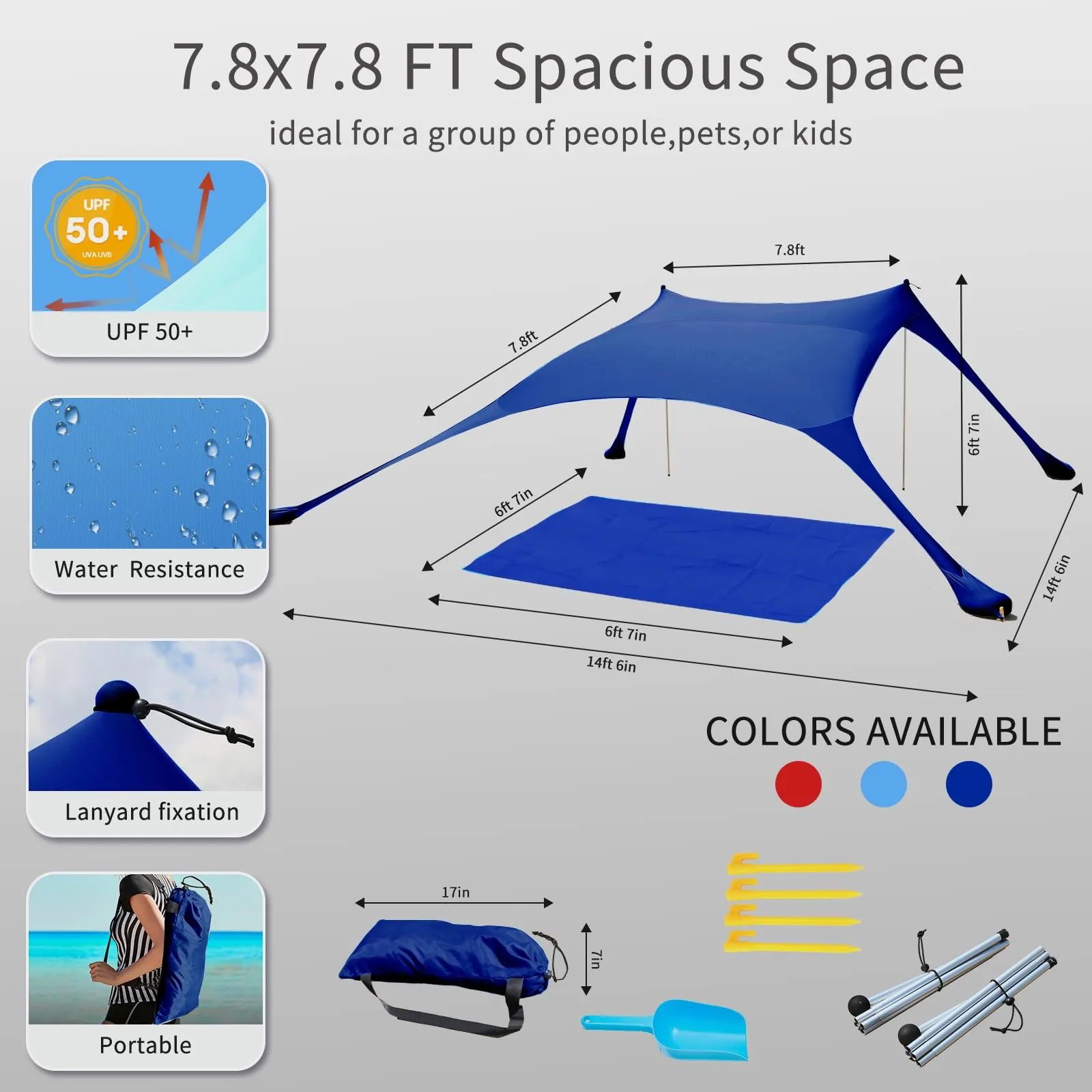 CUUPO Tenda da spiaggia pop-up in lycra, 2,1 x 2,1 m, SPF 50, blu marino - immagine 5