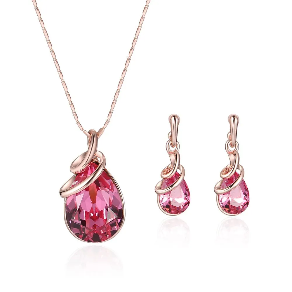 HSAJS Set di Gioielli in Oro Rosa con Strass a Lacrima, Collana e Orecchini (Rosso) - immagine 1