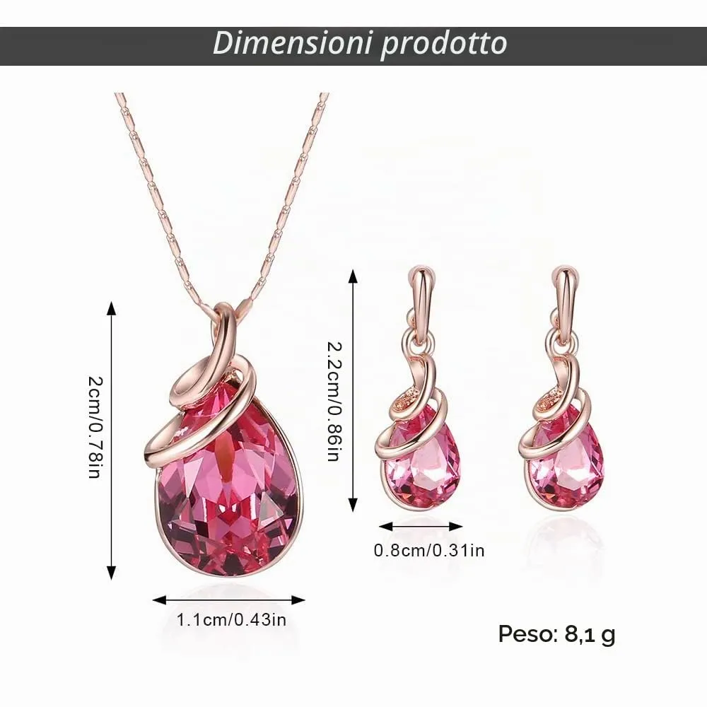 HSAJS Set di Gioielli in Oro Rosa con Strass a Lacrima, Collana e Orecchini (Rosso) - immagine 2