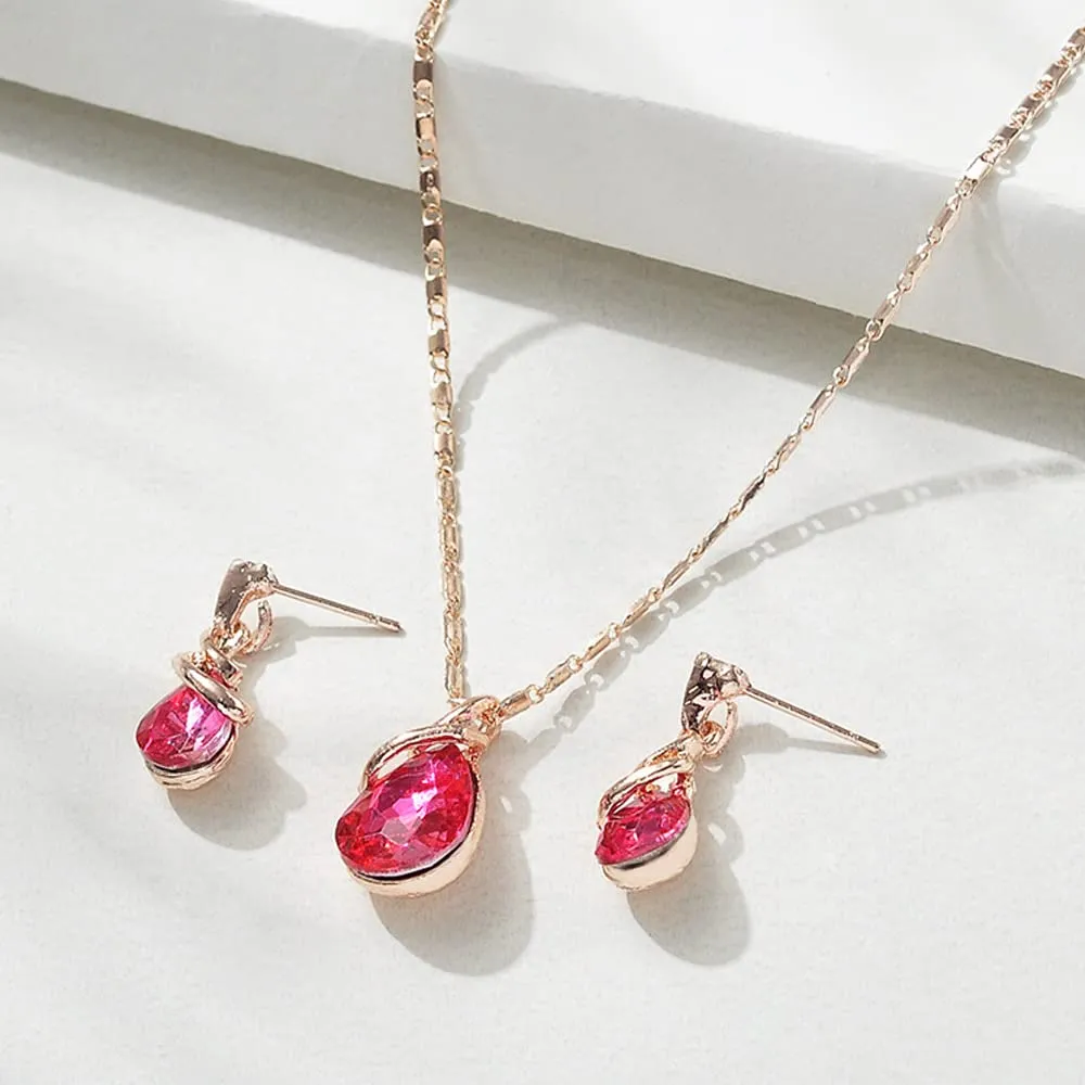 HSAJS Set di Gioielli in Oro Rosa con Strass a Lacrima, Collana e Orecchini (Rosso) - immagine 6