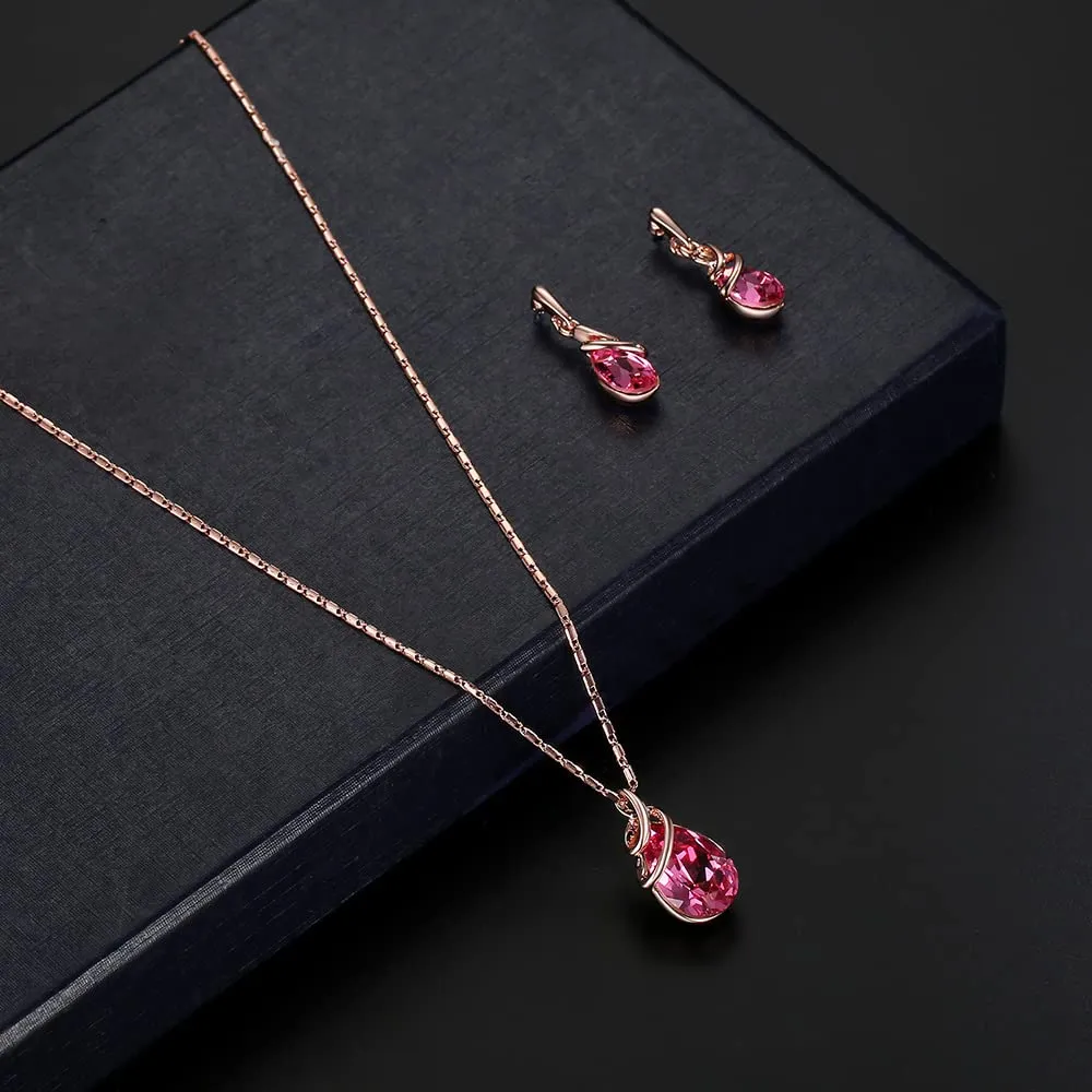 HSAJS Set di Gioielli in Oro Rosa con Strass a Lacrima, Collana e Orecchini (Rosso) - immagine 8