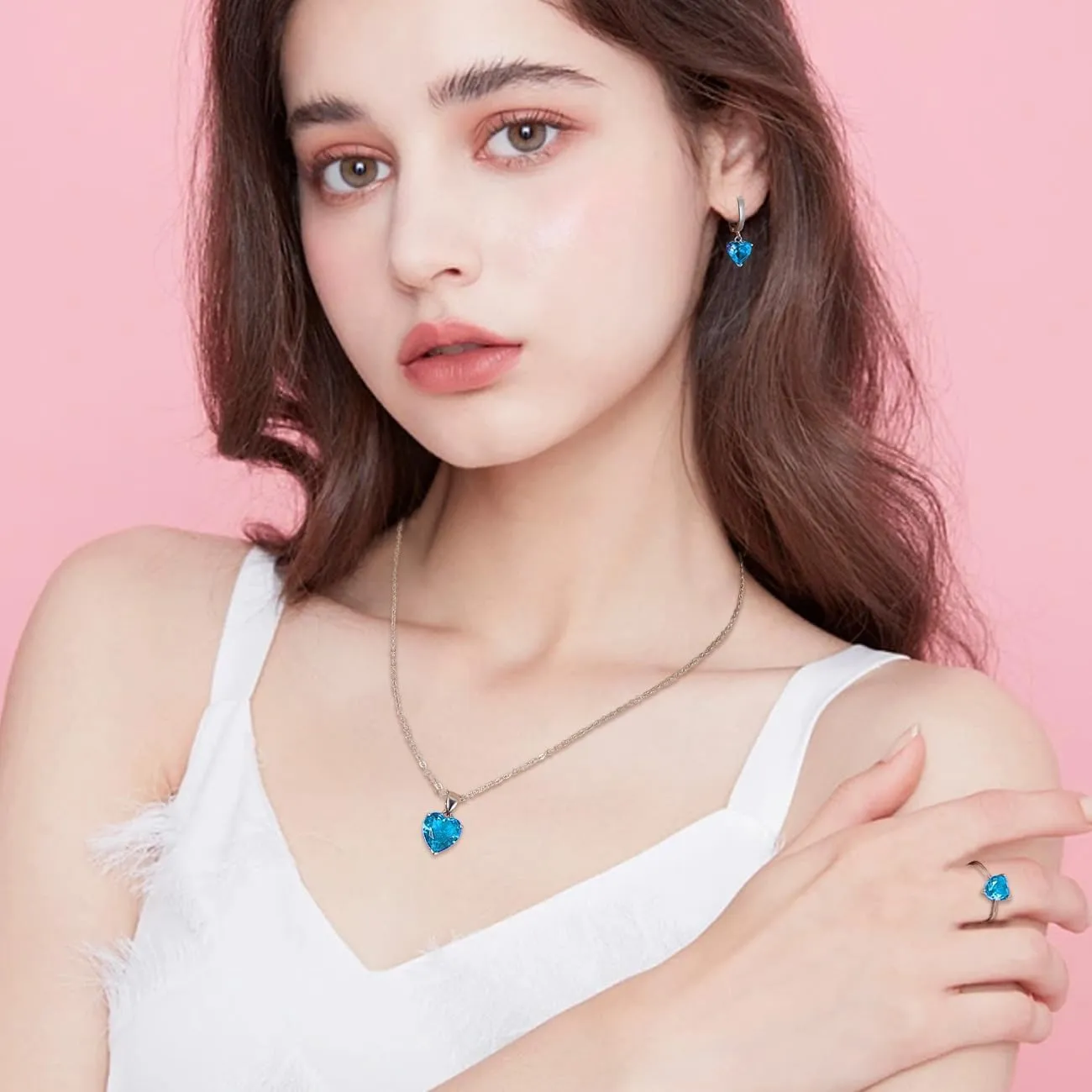 TOEECY Set Gioielli Cuore Zirconia Collana Orecchini Anello Argento per Donna - immagine 5