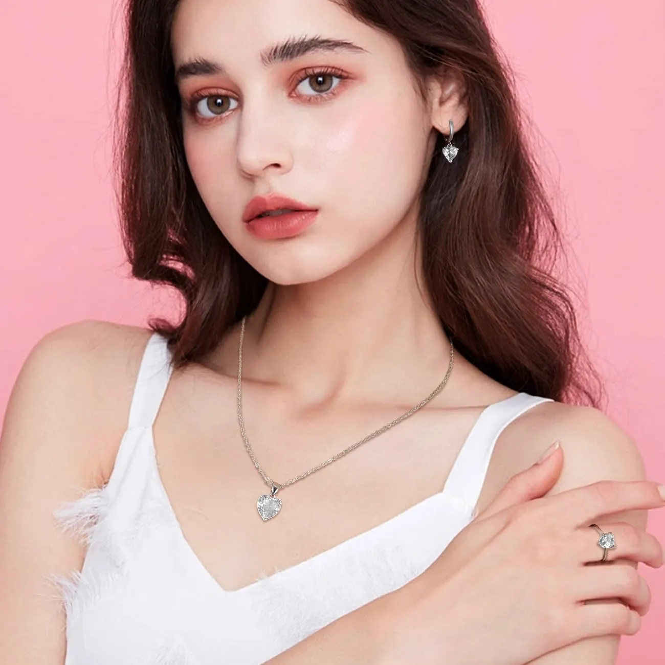TOEECY Set Gioielli Cuore Zirconia Collana Orecchini e Anello Argento per Donna - immagine 5