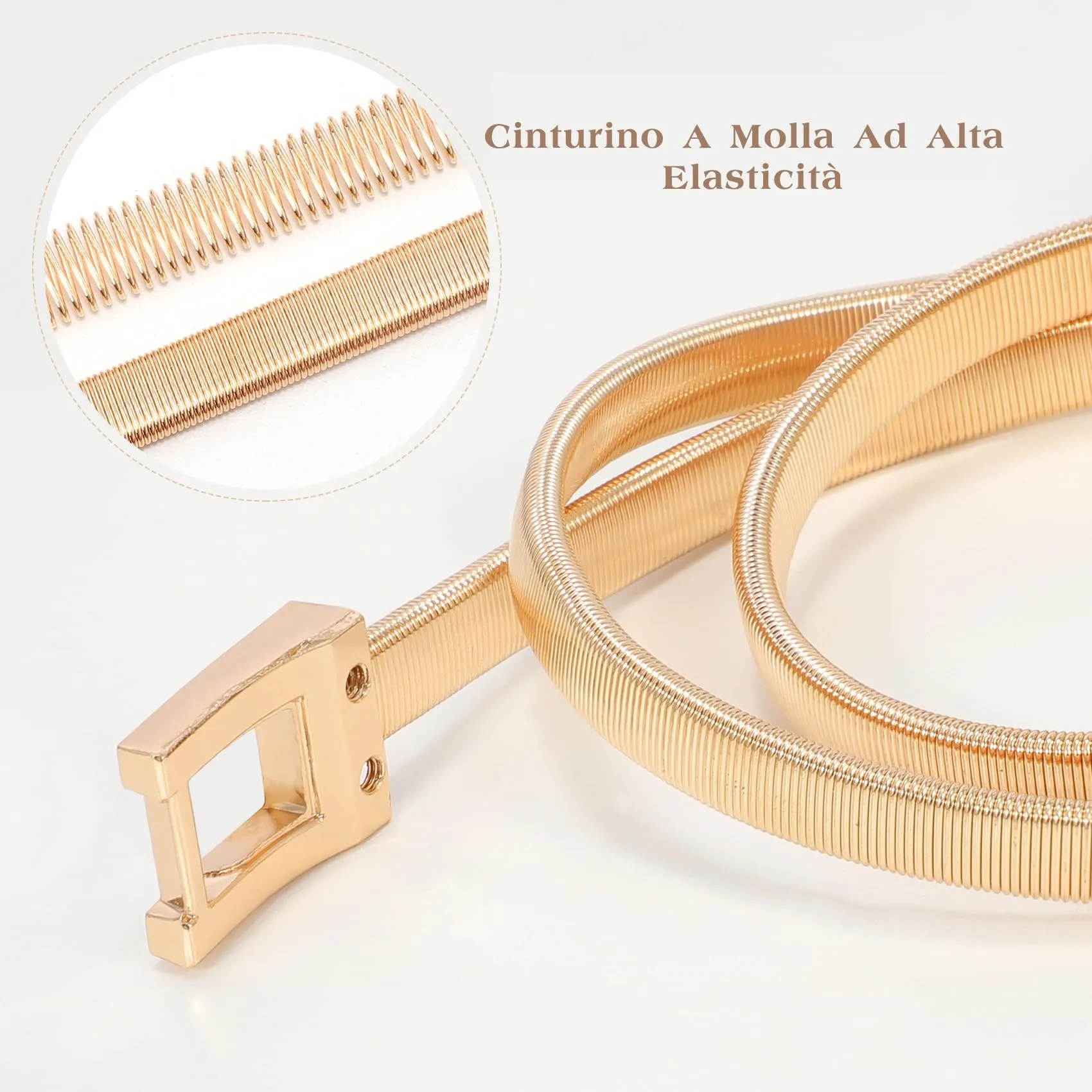 VONMELLI Cintura Sottile Elastica in Metallo con Fibbia Quadrata Oro, Taglia L - immagine 5