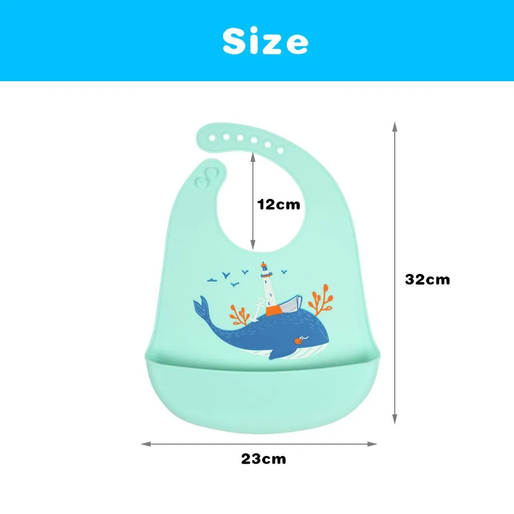 Vicloon Bavaglini in Silicone con Vaschetta di Raccolta, 6 Pulsanti Regolabili, Senza BPA, Elefante e Balena (Set da 2) - immagine 2