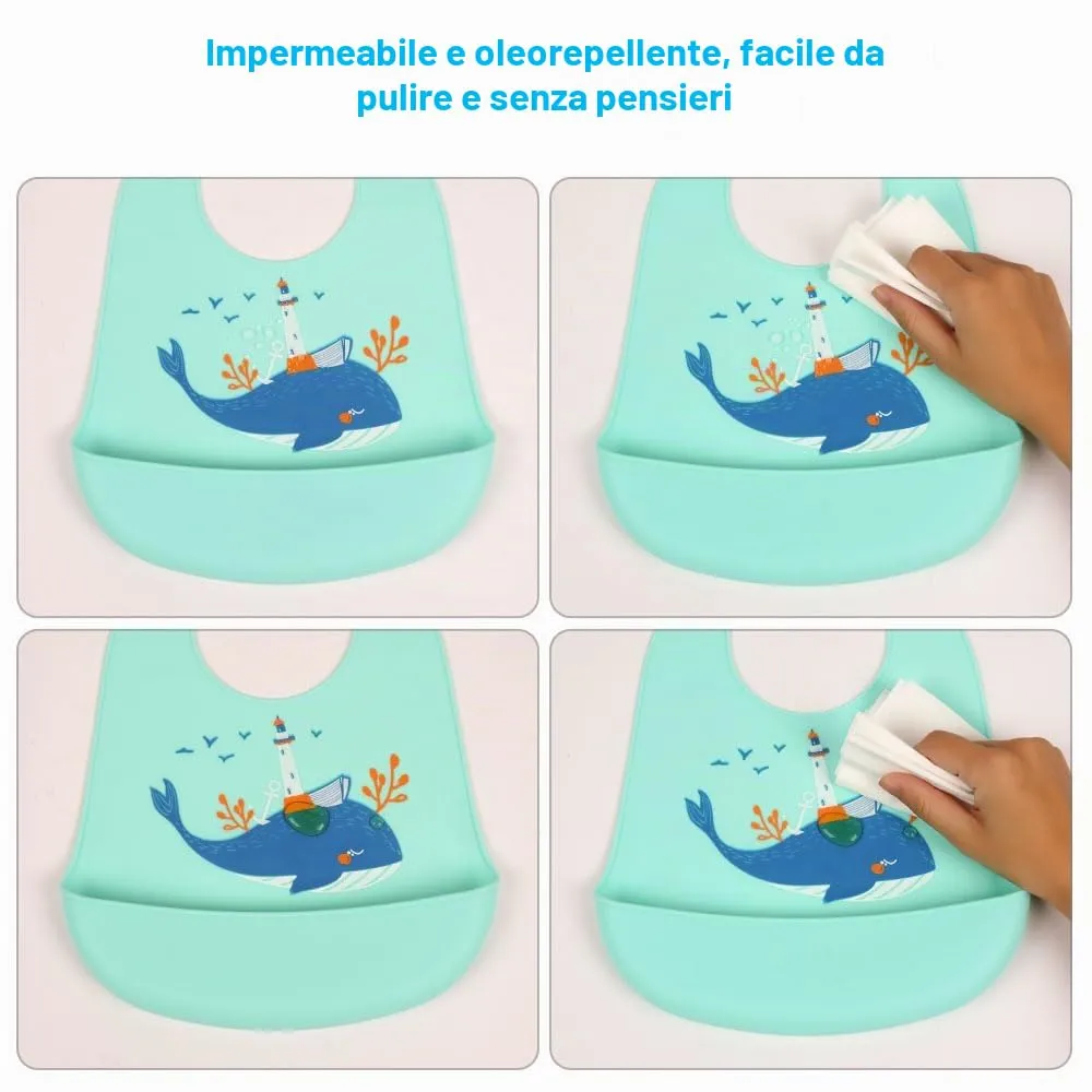 Vicloon Bavaglini in Silicone con Vaschetta di Raccolta, 6 Pulsanti Regolabili, Senza BPA, Elefante e Balena (Set da 2) - immagine 5