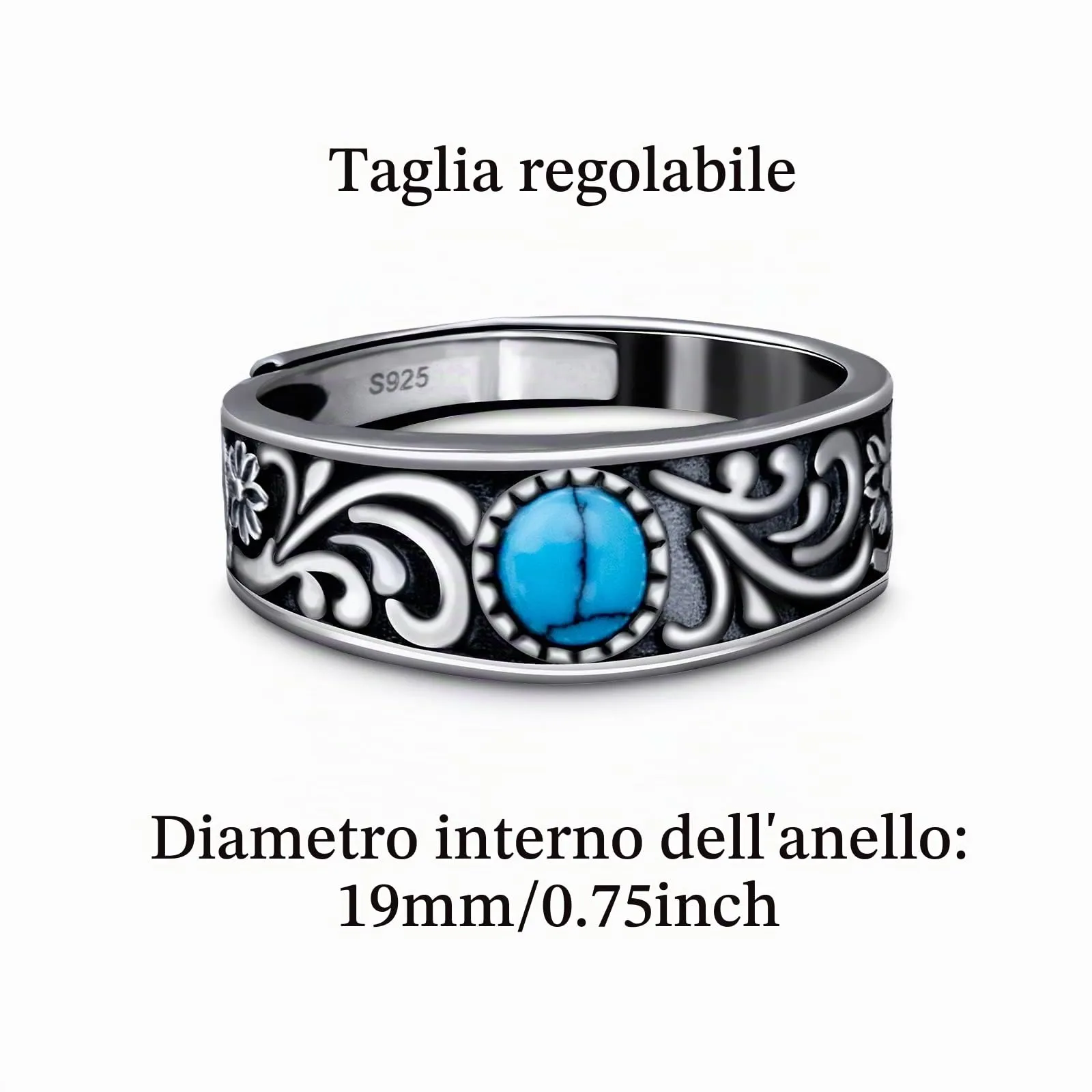 PHNIBIRD Anello da Uomo in Argento Sterling 925 con Turchese Naturale, Misura Regolabile - immagine 6