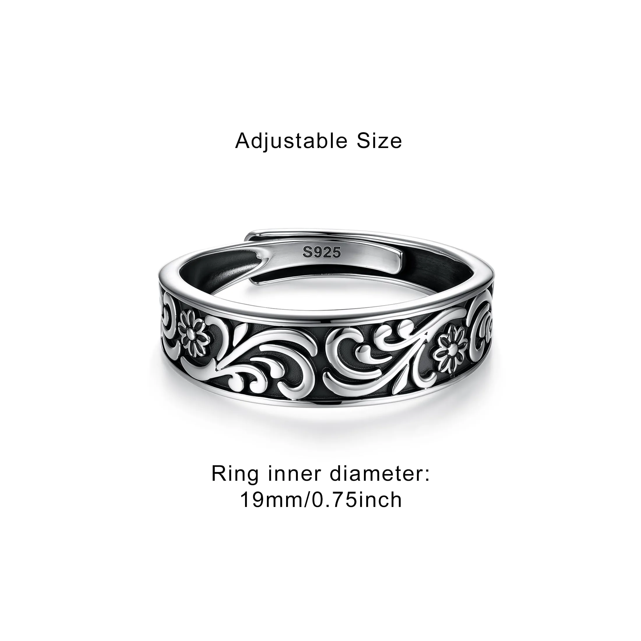 PHNIBIRD Anello da Uomo in Argento Sterling 925 con Turchese Naturale e Motivo a Erba, Nero, Misura Regolabile - immagine 2