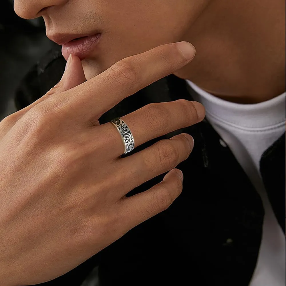 PHNIBIRD Anello da Uomo in Argento Sterling 925 con Turchese Naturale e Motivo a Erba, Nero, Misura Regolabile - immagine 4