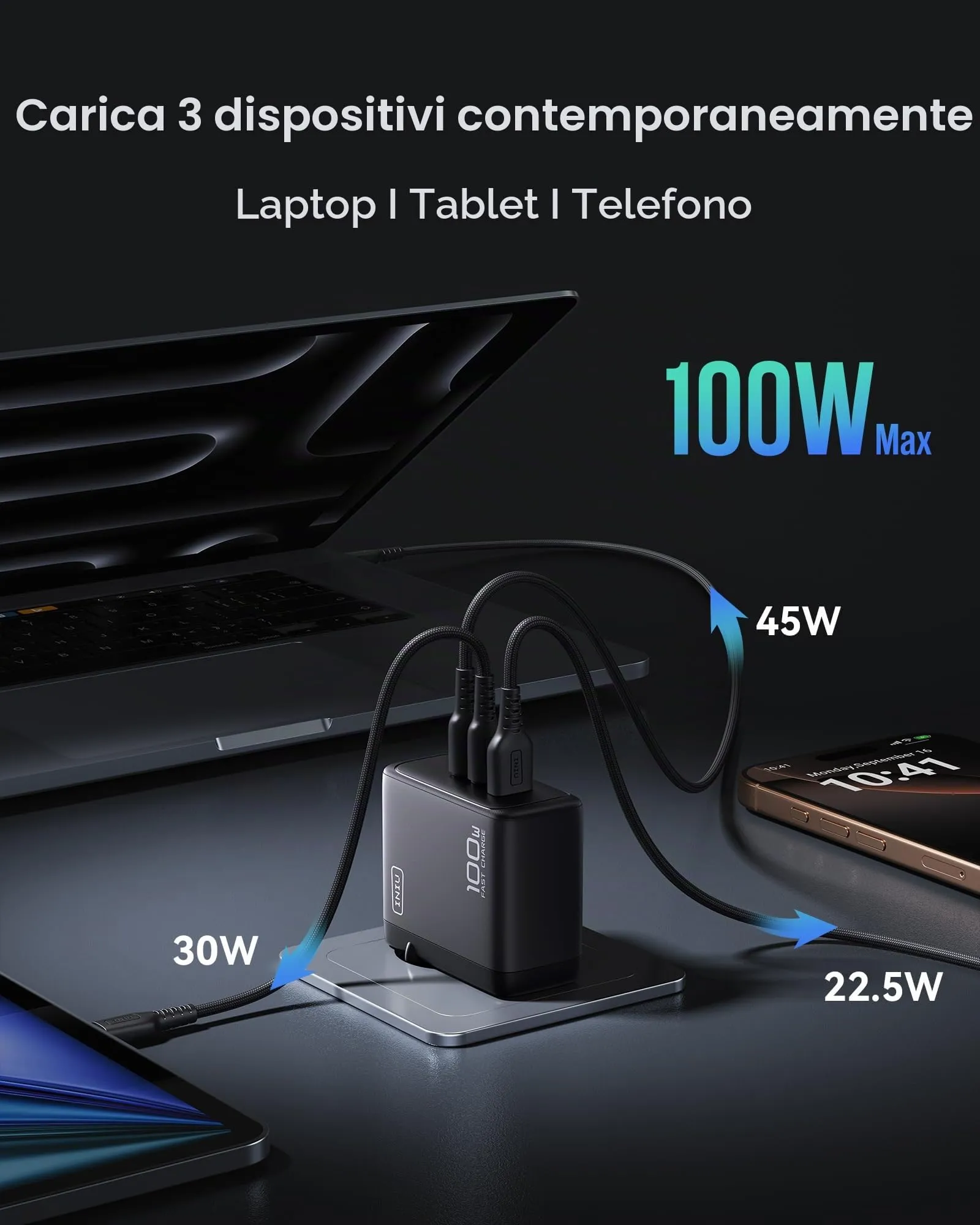 INIU Caricatore GaN III 100W 3 Porte USB-C e USB-A con Cavo AI-641 - immagine 2