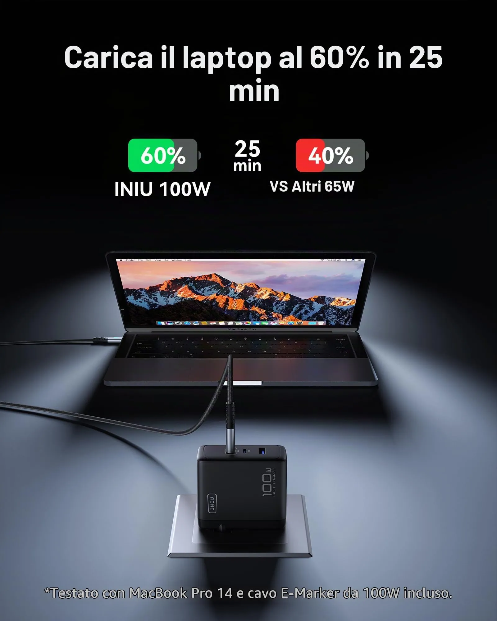 INIU Caricatore GaN III 100W 3 Porte USB-C e USB-A con Cavo AI-641 - immagine 4
