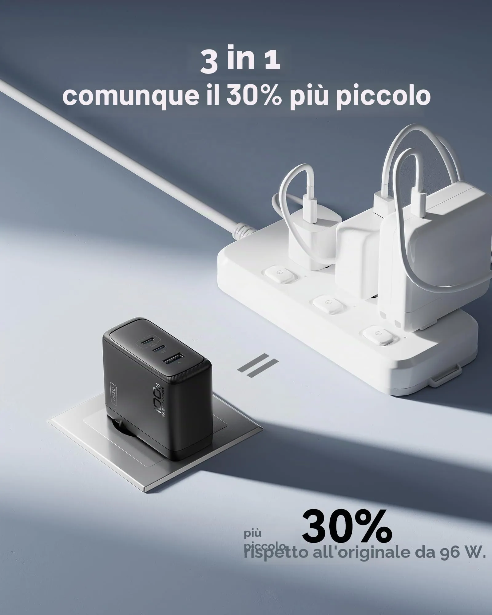 INIU Caricatore GaN III 100W 3 Porte USB-C e USB-A con Cavo AI-641 - immagine 6