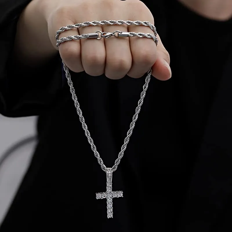 KONFEN Collana Croce in Acciaio Inossidabile con Zirconi, 60cm, Argento - immagine 3