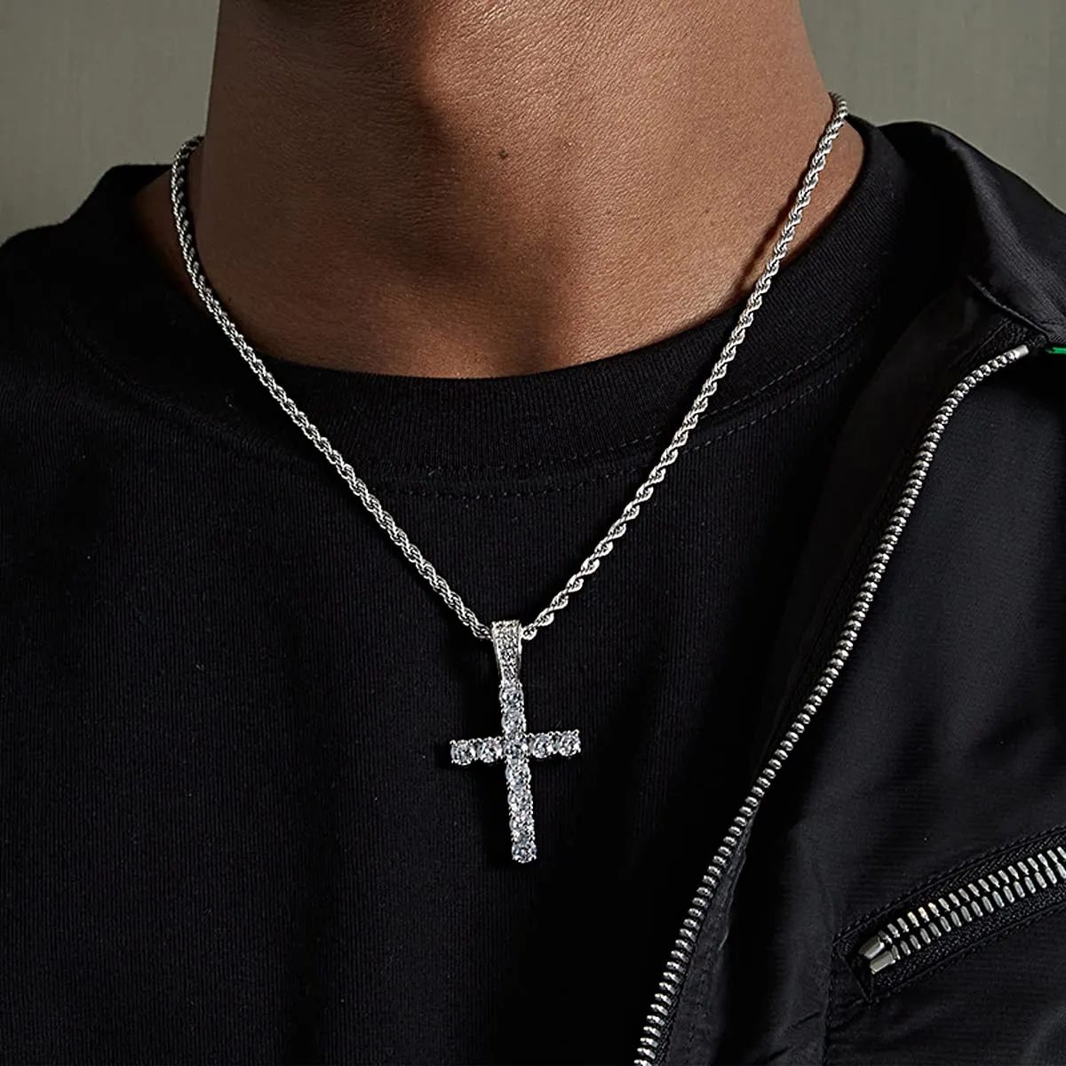 KONFEN Collana Croce in Acciaio Inossidabile con Zirconi, 60cm, Argento - immagine 5