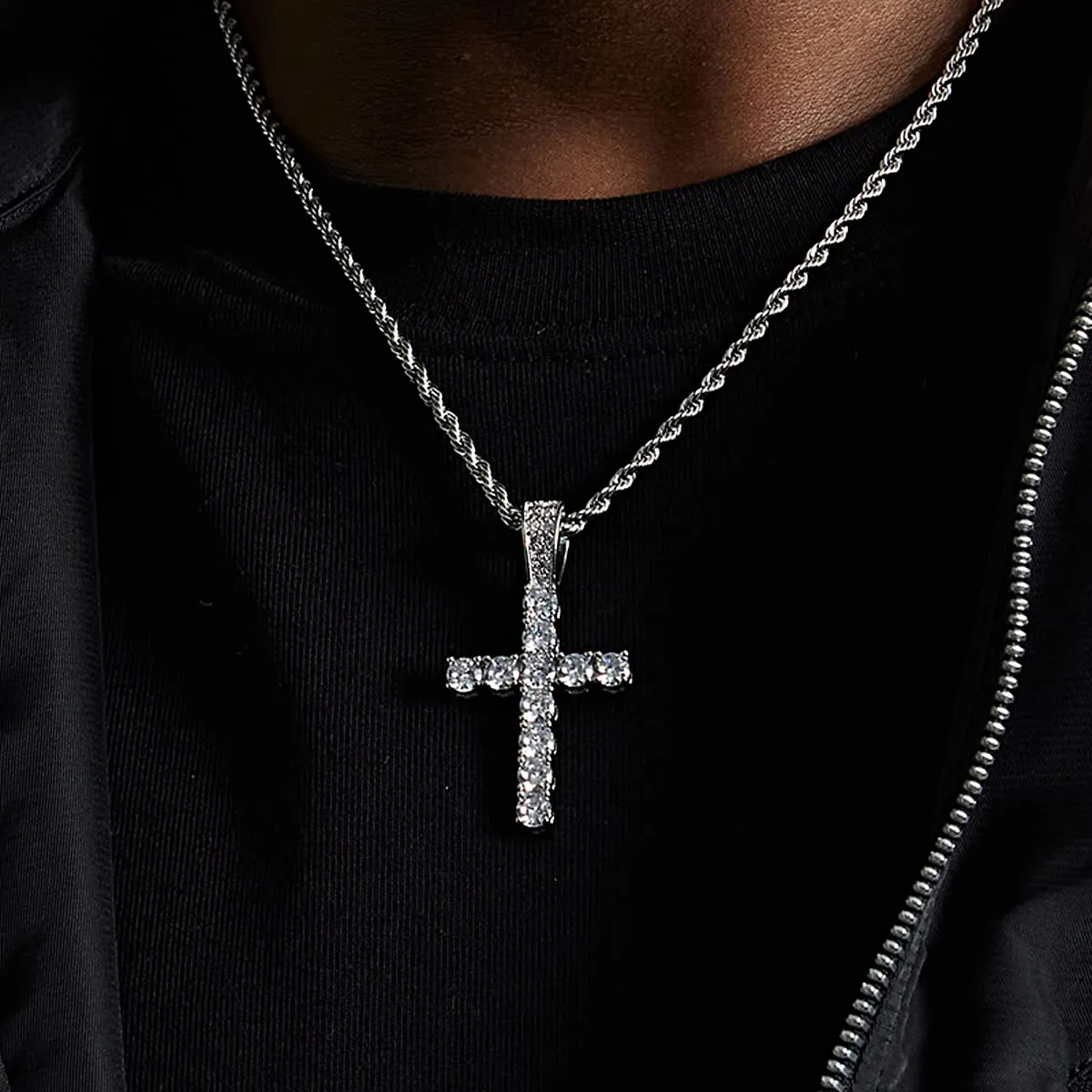 KONFEN Collana Croce in Acciaio Inossidabile con Zirconi, 60cm, Argento - immagine 6