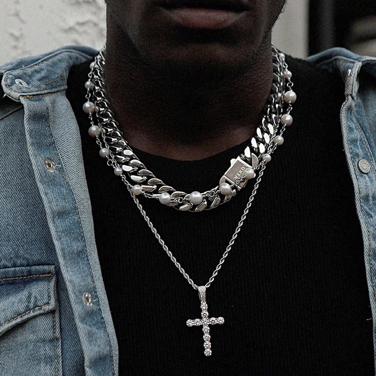 KONFEN Collana Croce in Acciaio Inossidabile con Zirconi, 60cm, Argento - immagine 7