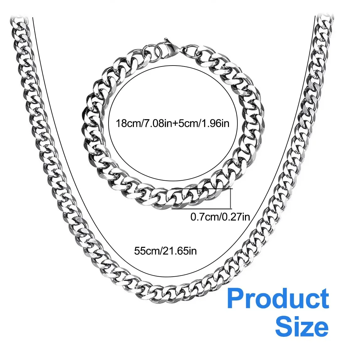 EIHI Set Collana e Bracciale in Acciaio Inossidabile Argento, 8 mm - immagine 2