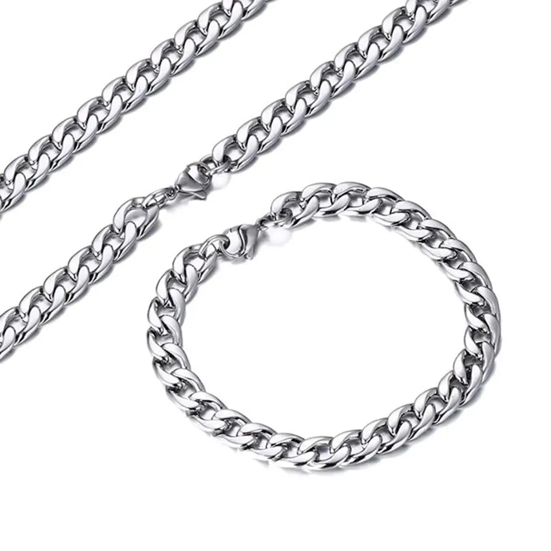 EIHI Set Collana e Bracciale in Acciaio Inossidabile Argento, 8 mm - immagine 3