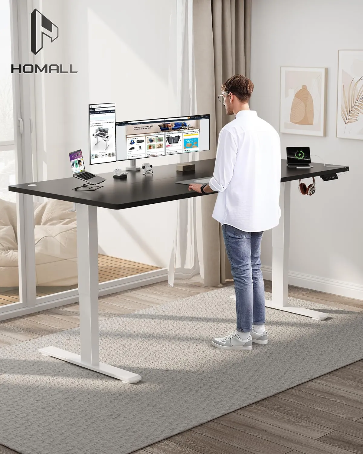 Homall Scrivania Elettrica Regolabile per Ufficio, 180x80 cm, con USB, Nero Bianco - immagine 2