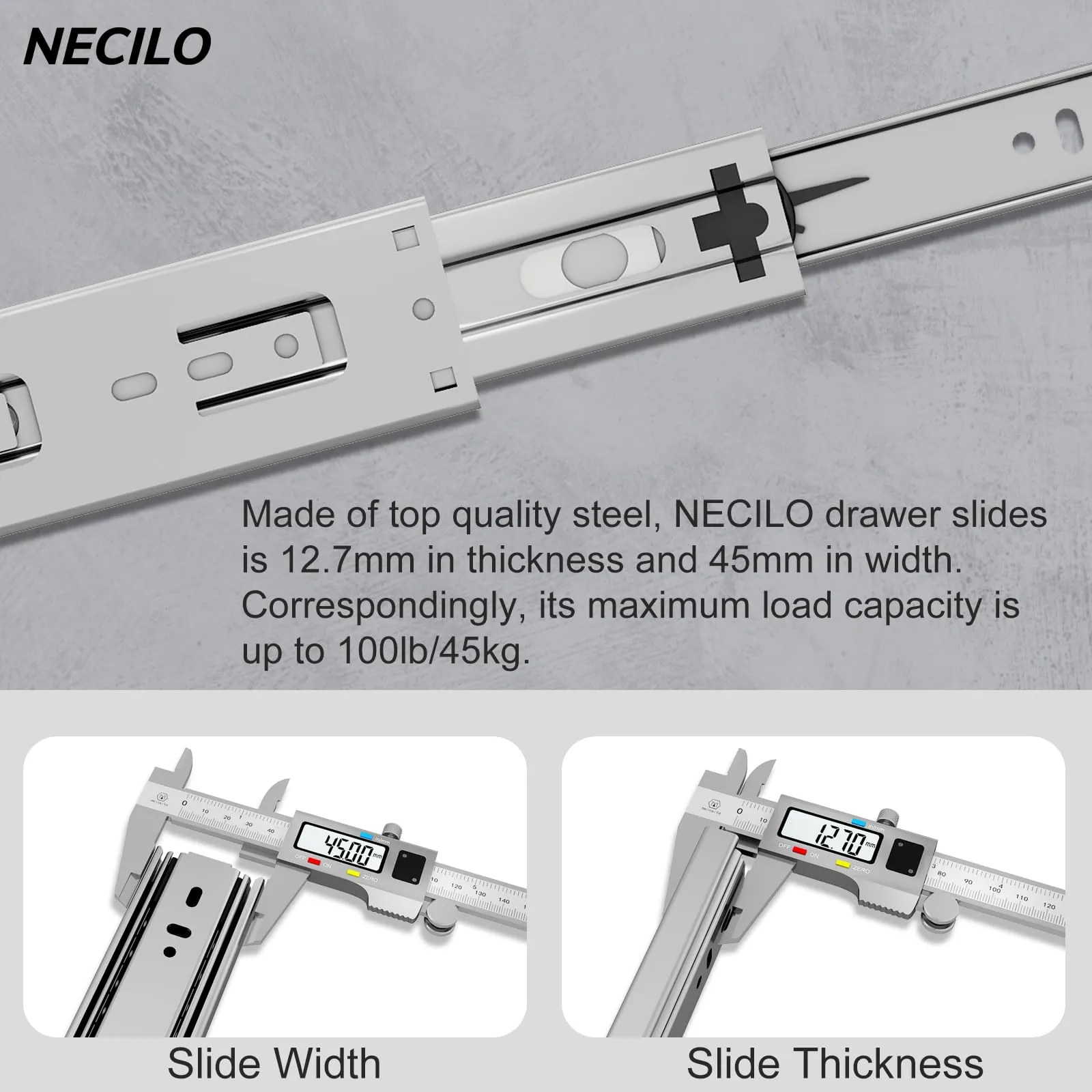 NECILO Guide per Cassetti 450 mm, Portata 45 kg, Estrazione Totale, NE-45W-450-N - immagine 2