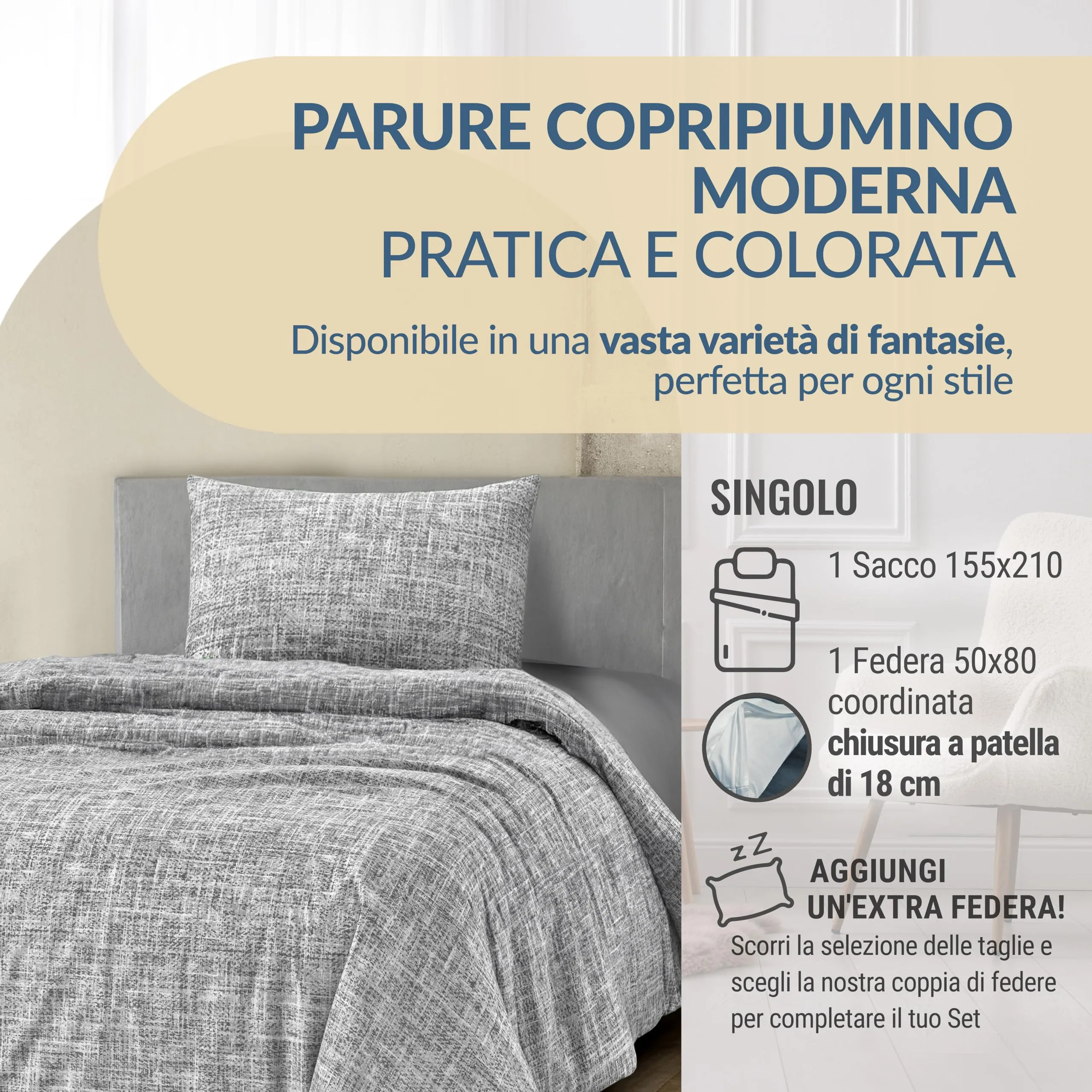 Dorian Home Copripiumino Singolo in Cotone 155x210 cm con Federa, Canva Grigio - immagine 2
