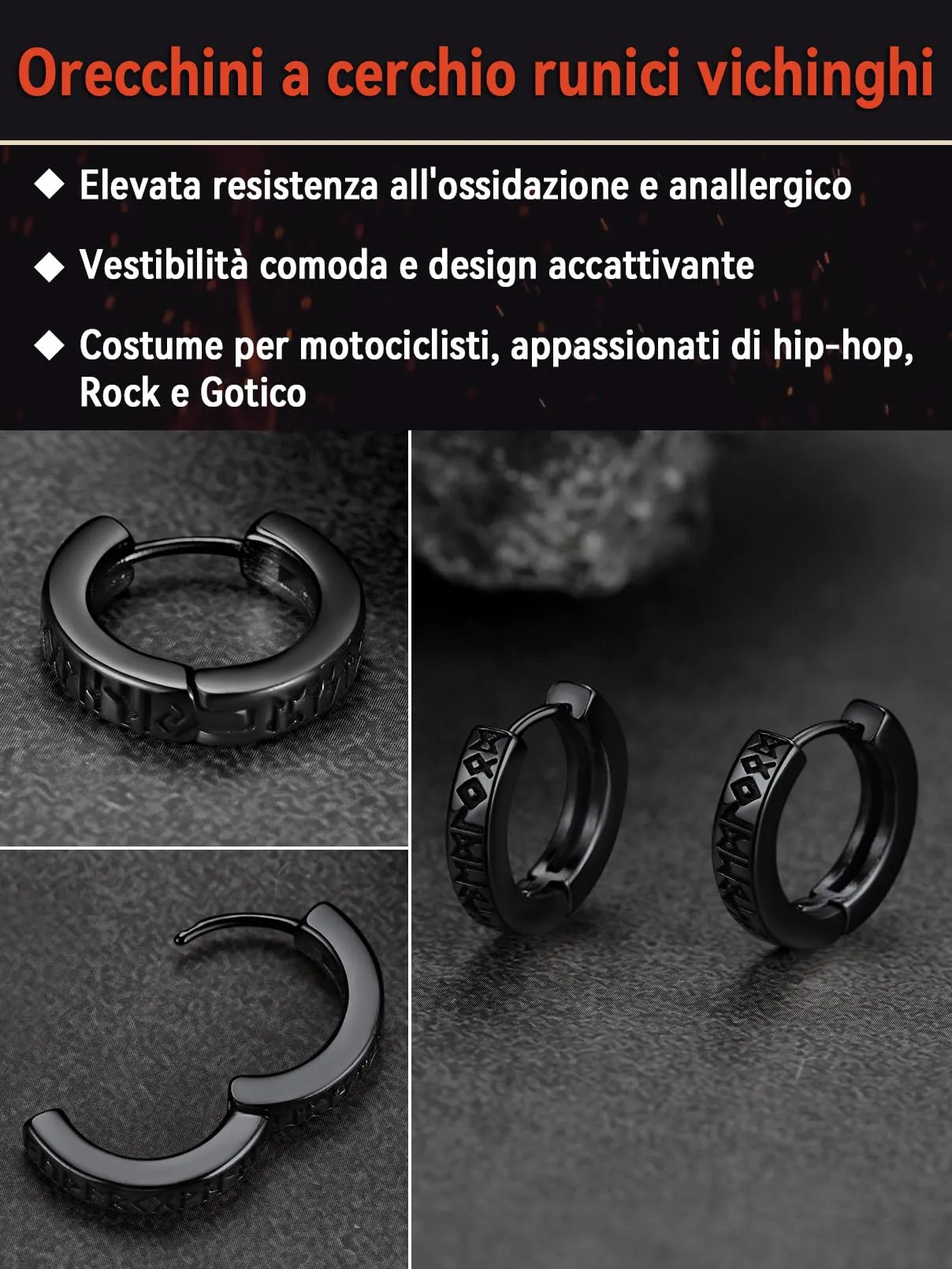 FaithHeart Orecchini Cerchio Rune Vichinghe e Celtiche in Acciaio Inox con Onice - immagine 4
