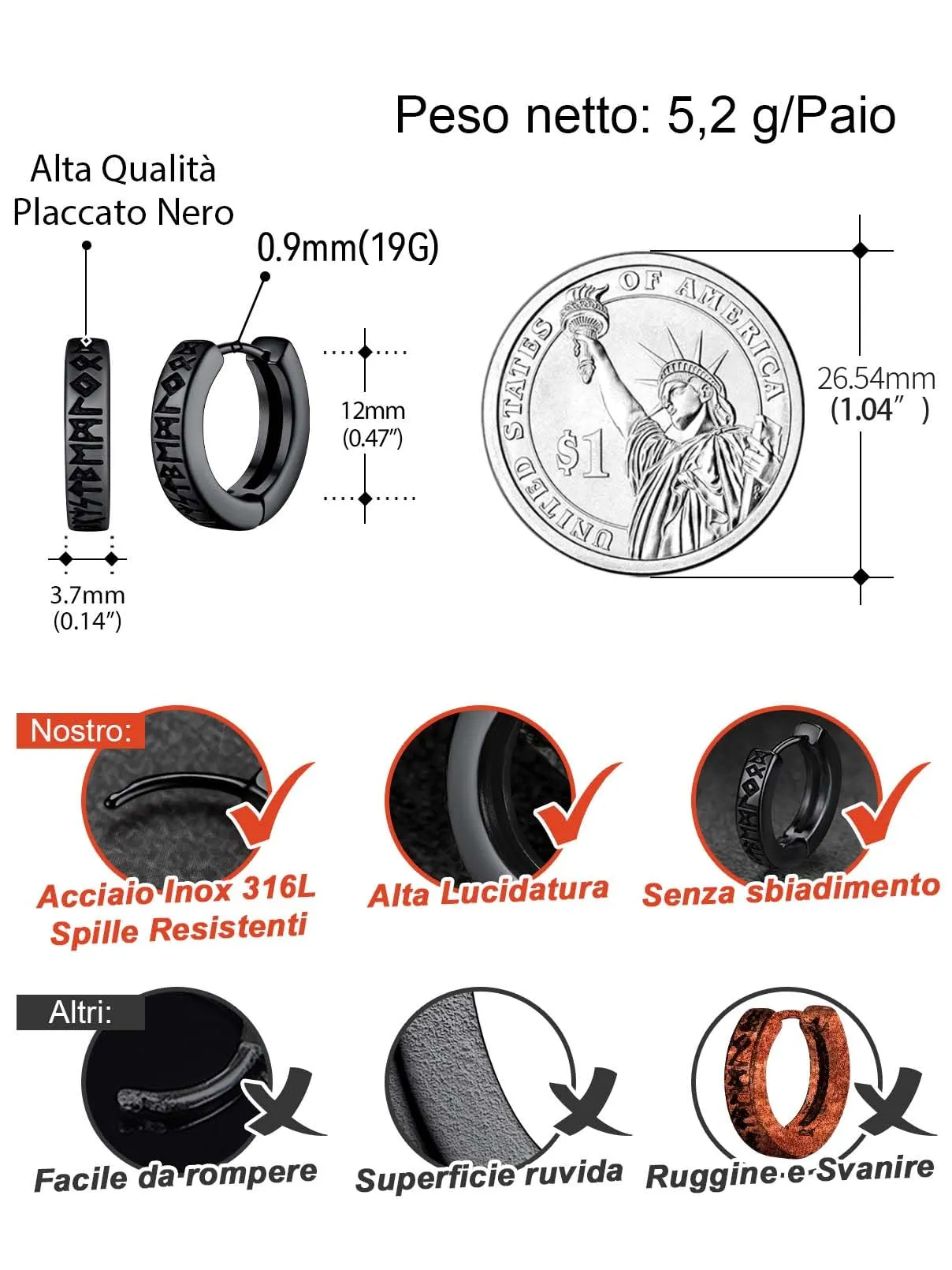 FaithHeart Orecchini Cerchio Rune Vichinghe e Celtiche in Acciaio Inox con Onice - immagine 5