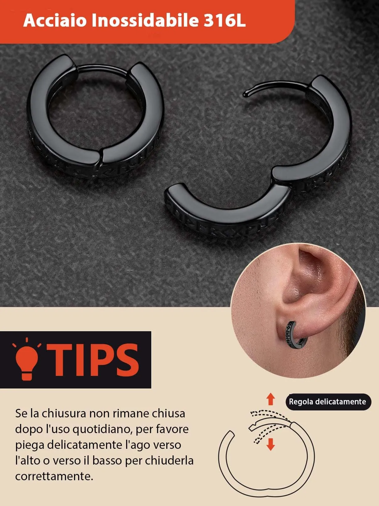 FaithHeart Orecchini Cerchio Rune Vichinghe e Celtiche in Acciaio Inox con Onice - immagine 6