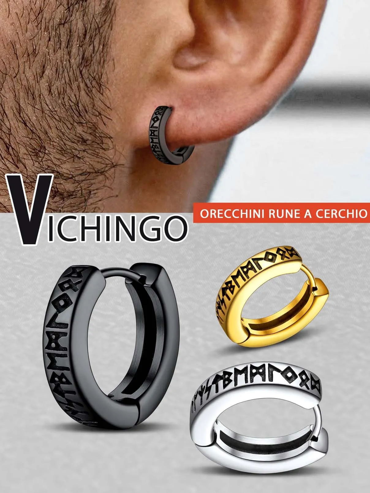 FaithHeart Orecchini Cerchio Rune Vichinghe e Celtiche in Acciaio Inox con Onice - immagine 8