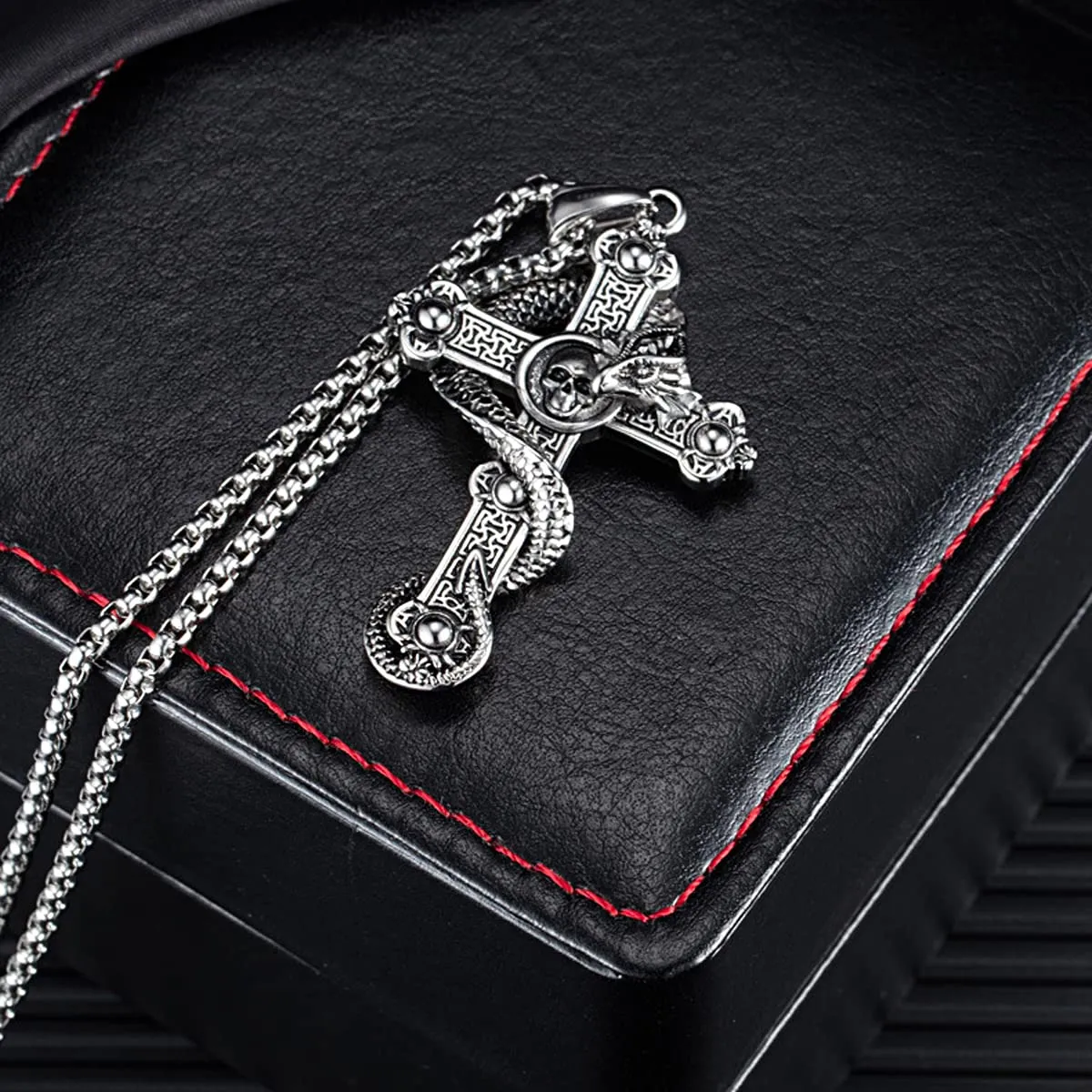 KONFEN Collana Croce e Cranio in Acciaio Inossidabile, 70cm - immagine 4