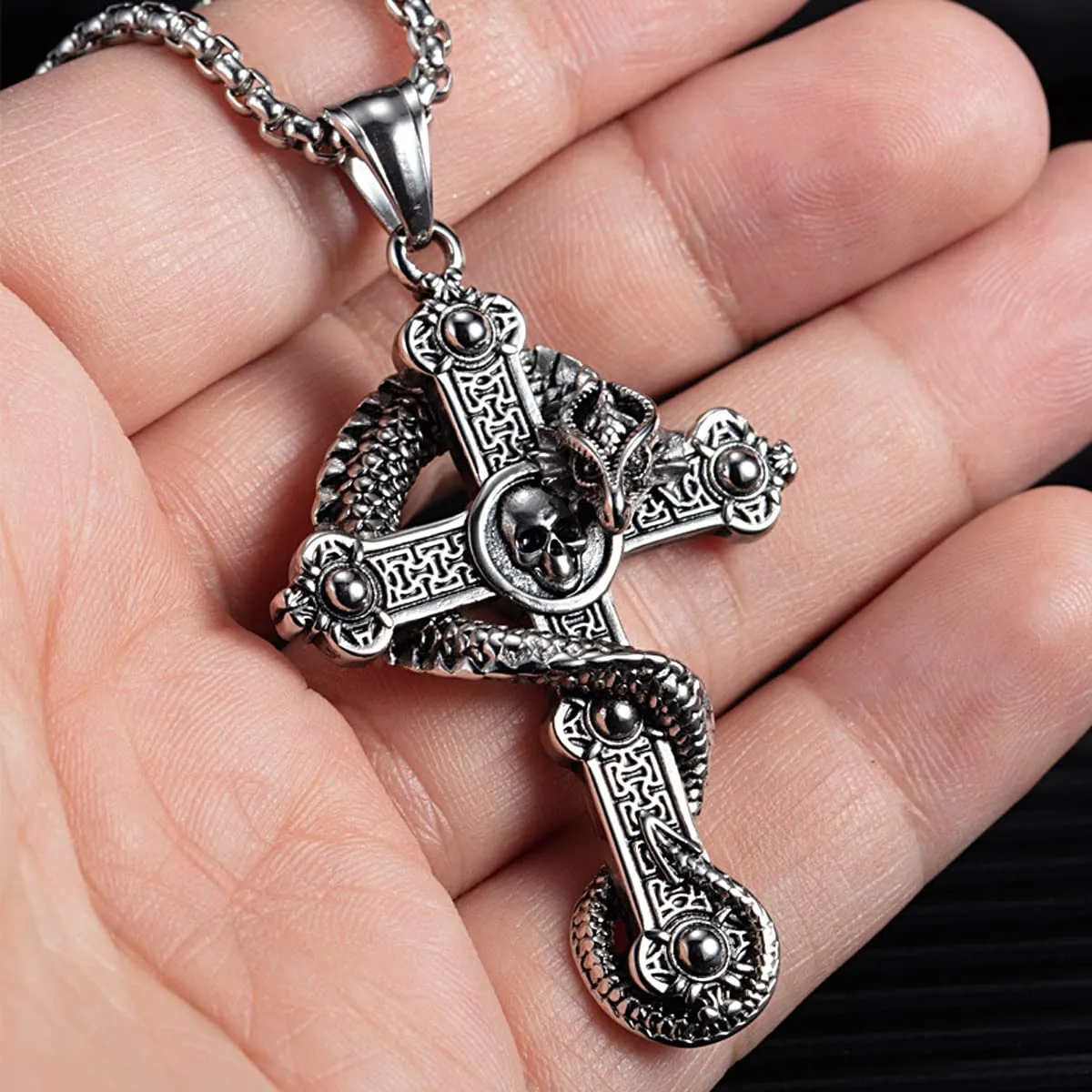 KONFEN Collana Croce e Cranio in Acciaio Inossidabile, 70cm - immagine 5