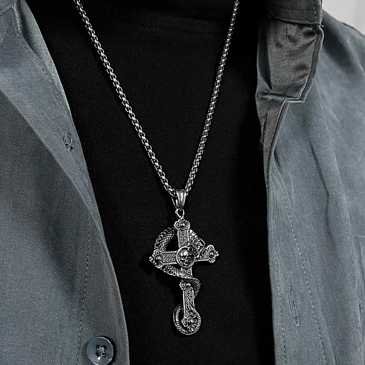 KONFEN Collana Croce e Cranio in Acciaio Inossidabile, 70cm - immagine 7