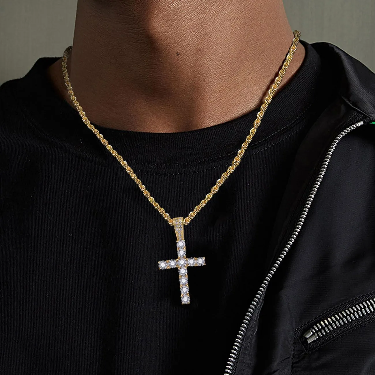 KONFEN Collana con Croce in Acciaio Inossidabile e Zirconi, 60cm, Oro - immagine 5