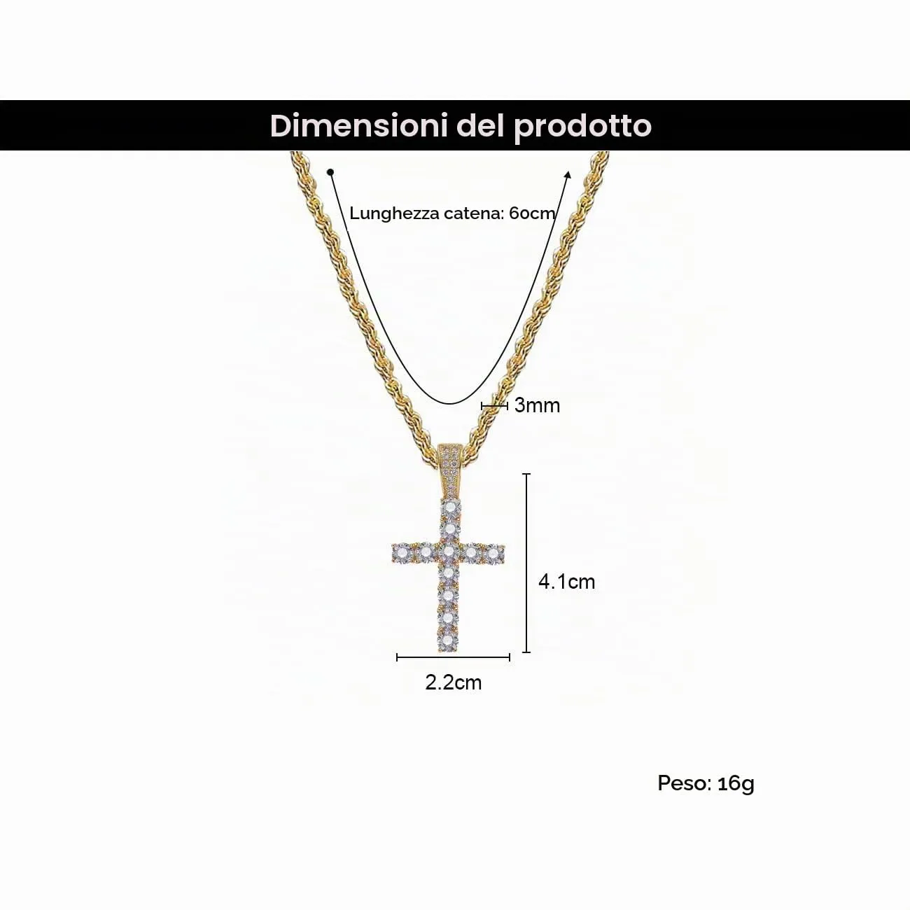 KONFEN Collana con Croce in Acciaio Inossidabile e Zirconi, 60cm, Oro - immagine 7