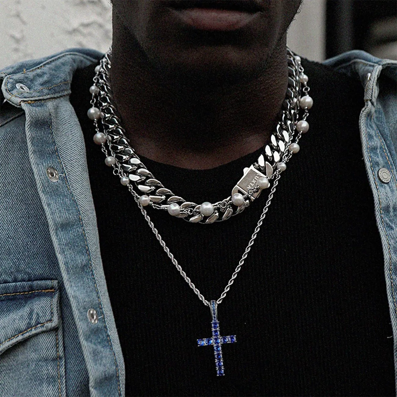 KONFEN Collana con Pendente a Croce in Acciaio Inossidabile e Zirconi, 60cm, Blu - immagine 4