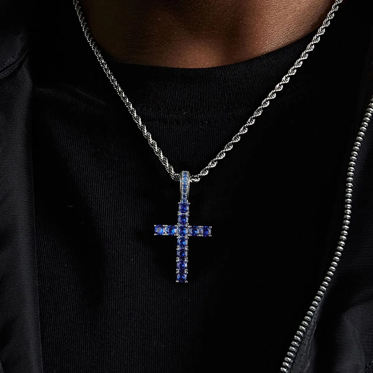 KONFEN Collana con Pendente a Croce in Acciaio Inossidabile e Zirconi, 60cm, Blu - immagine 6