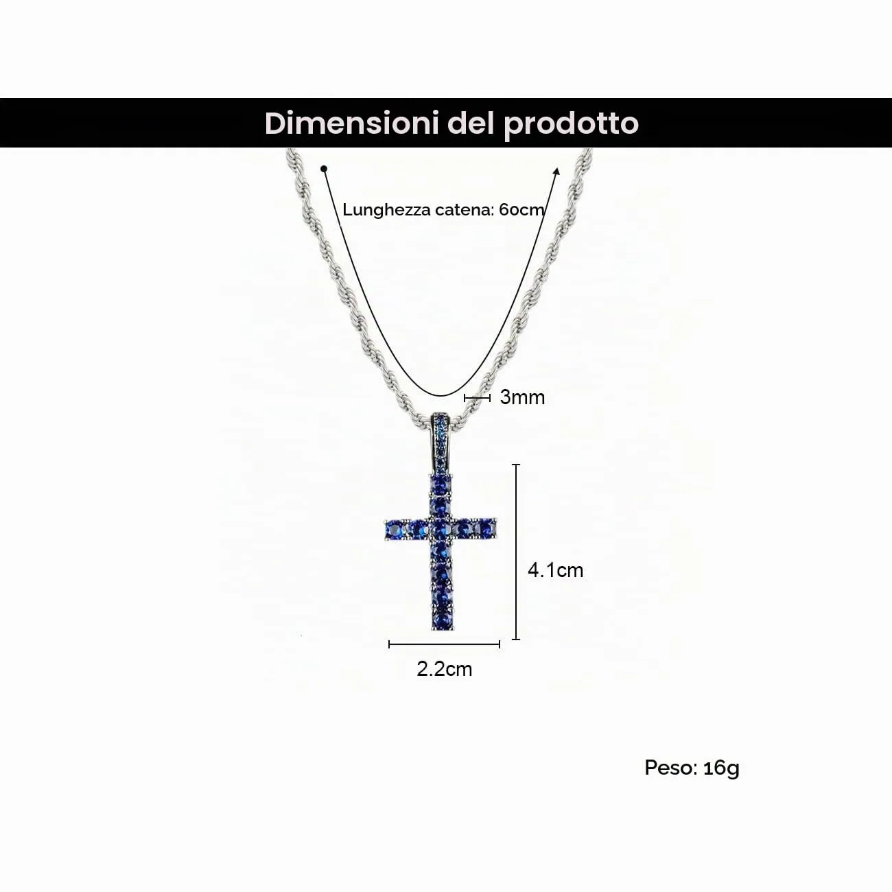 KONFEN Collana con Pendente a Croce in Acciaio Inossidabile e Zirconi, 60cm, Blu - immagine 7