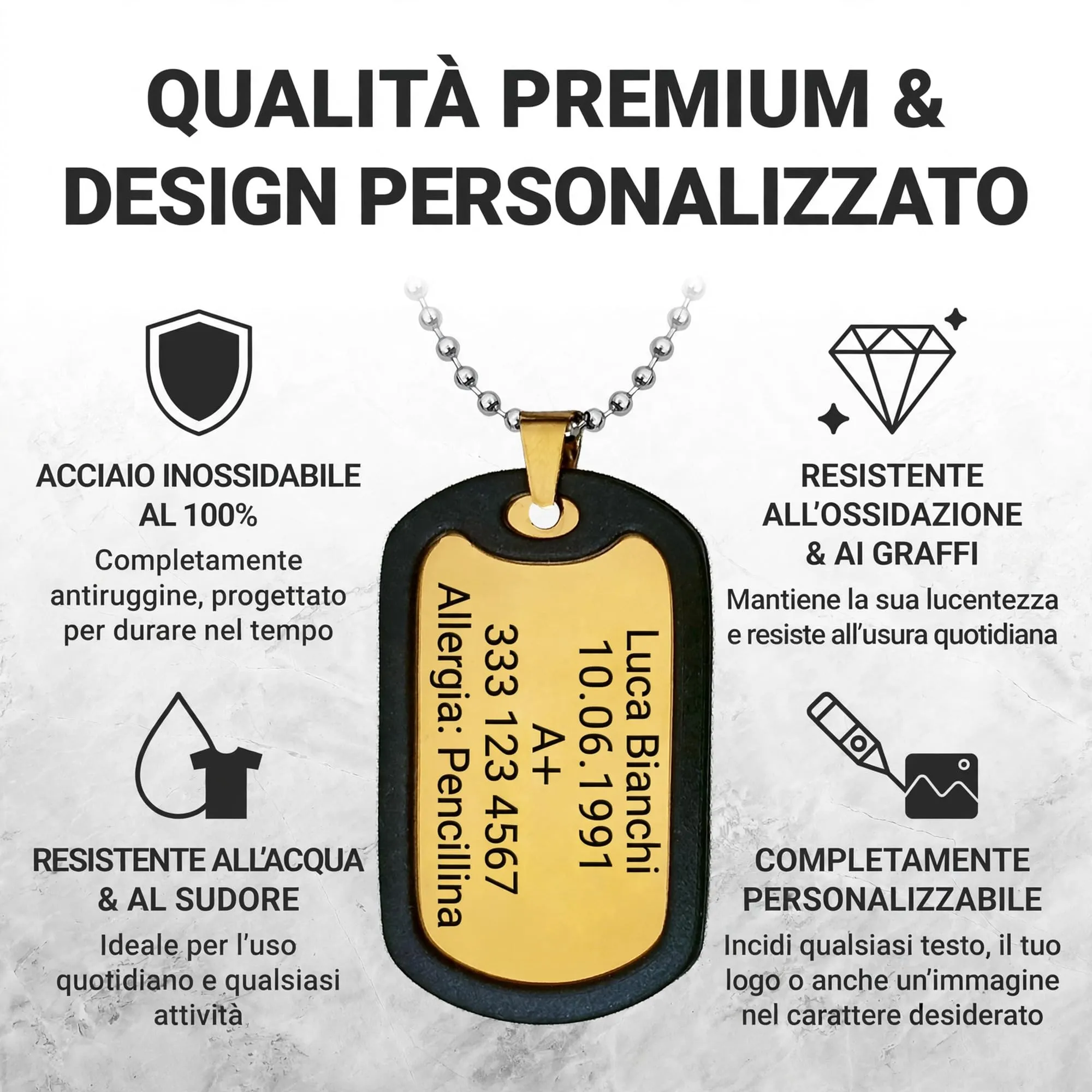 Generisch Dog Tag Personalizzato in Acciaio Inox 316L con Incisione Laser, Oro - immagine 2