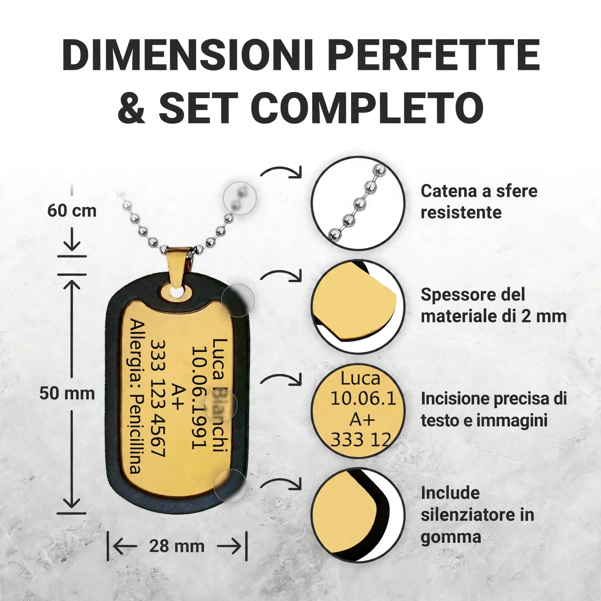 Generisch Dog Tag Personalizzato in Acciaio Inox 316L con Incisione Laser, Oro - immagine 3